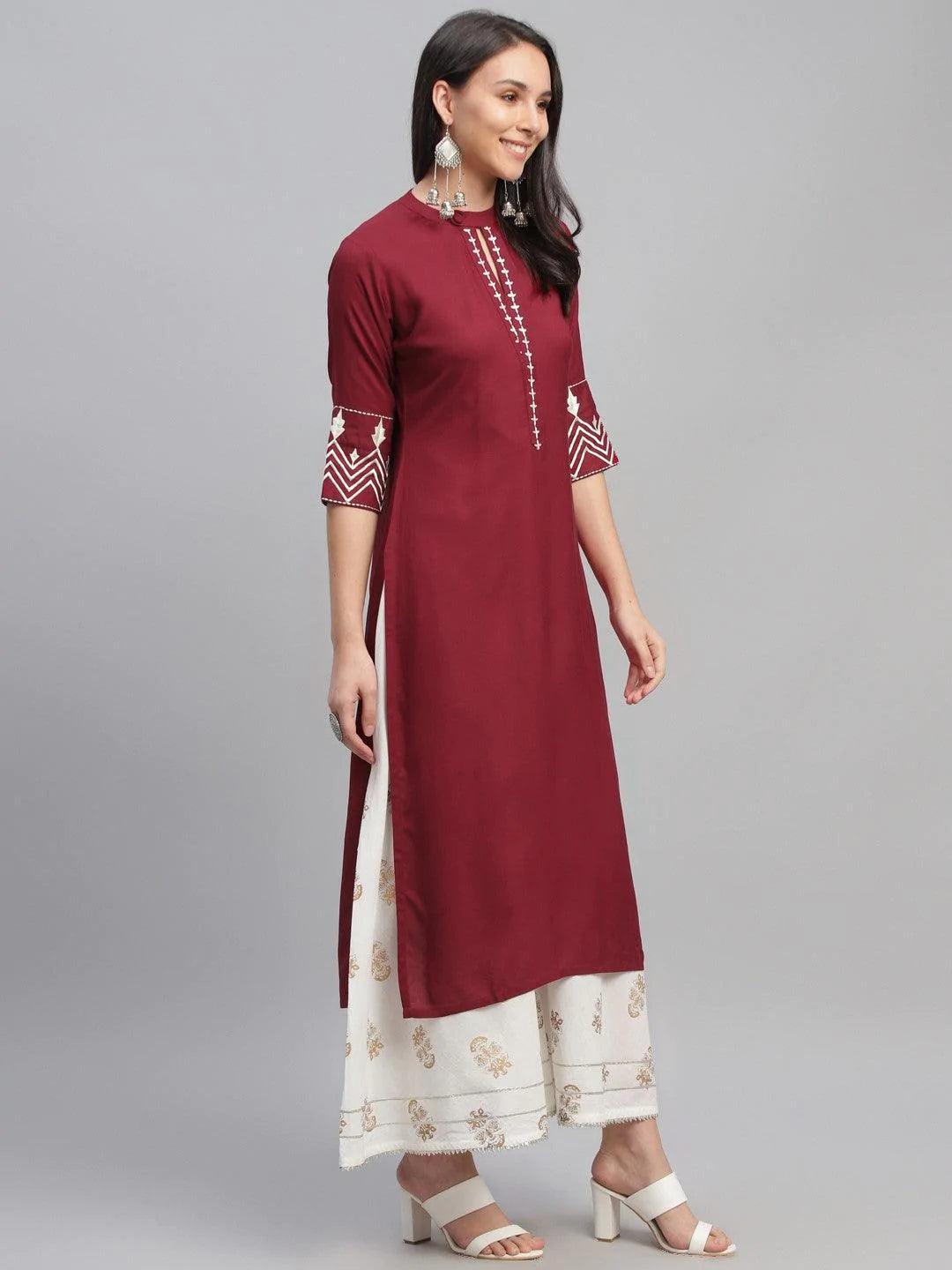 Maroon Embroidered Rayon Kurta - ShopLibas