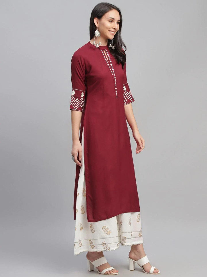 Maroon Embroidered Rayon Kurta