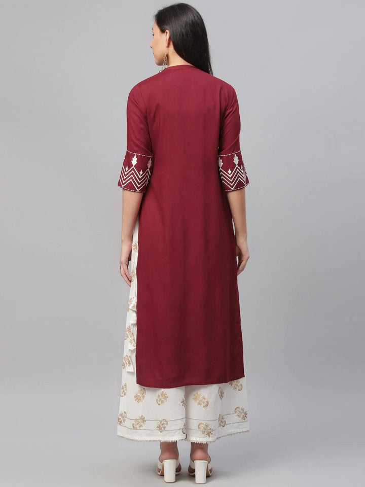 Maroon Embroidered Rayon Kurta