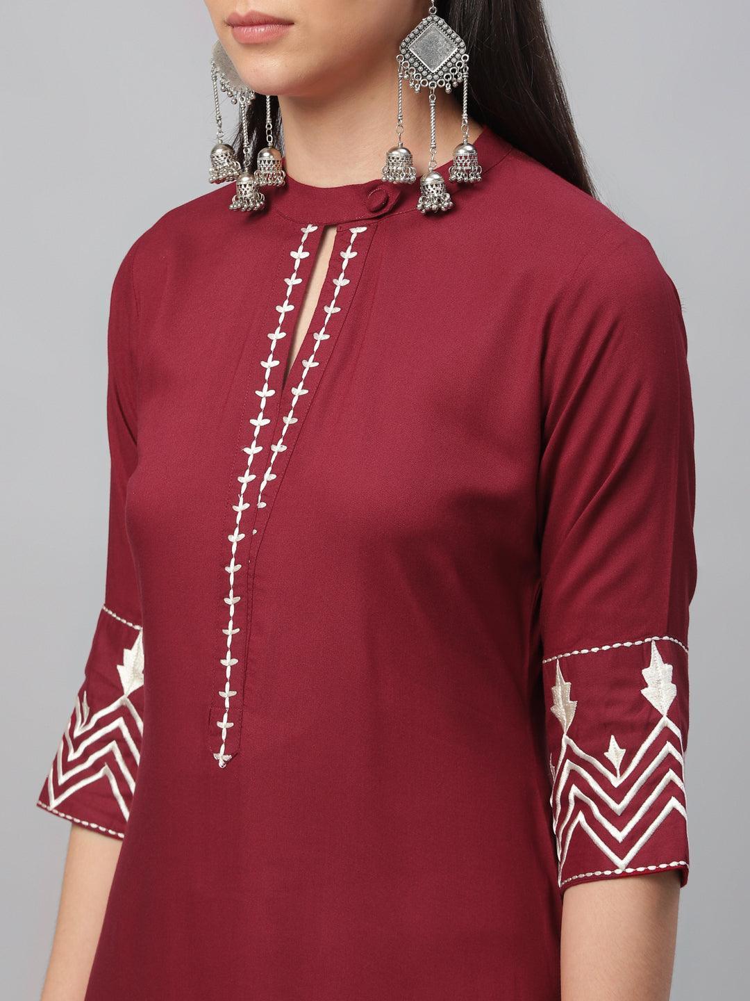 Maroon Embroidered Rayon Kurta - ShopLibas