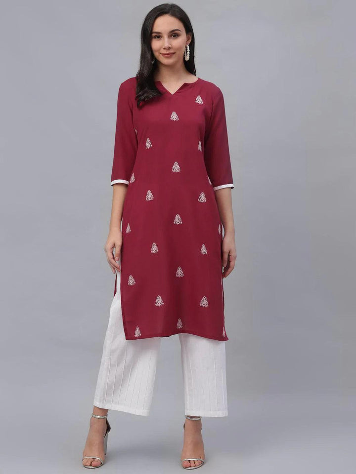 Maroon Embroidered Rayon Kurta