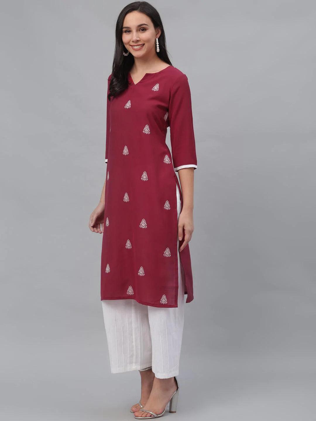 Maroon Embroidered Rayon Kurta - ShopLibas