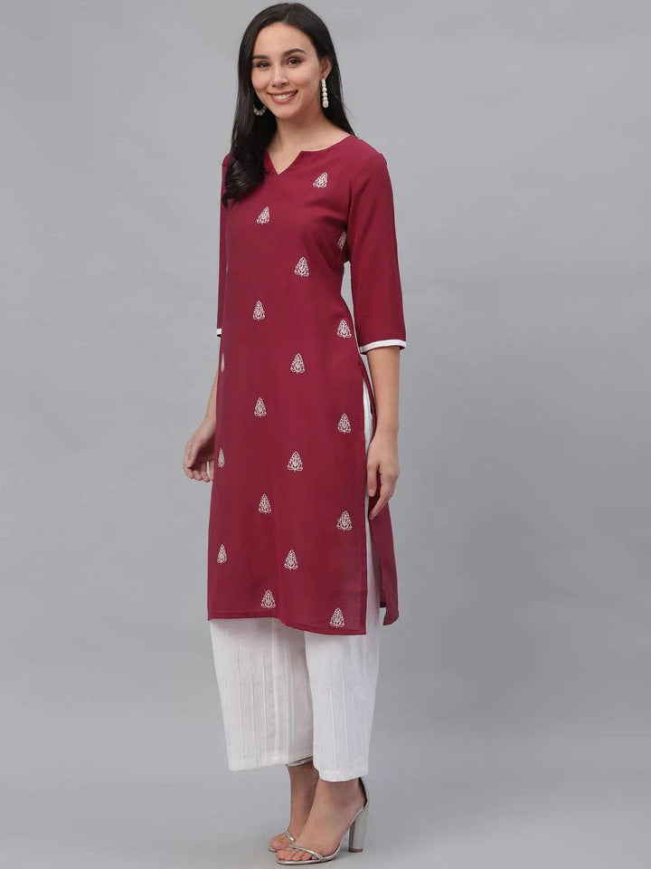 Maroon Embroidered Rayon Kurta