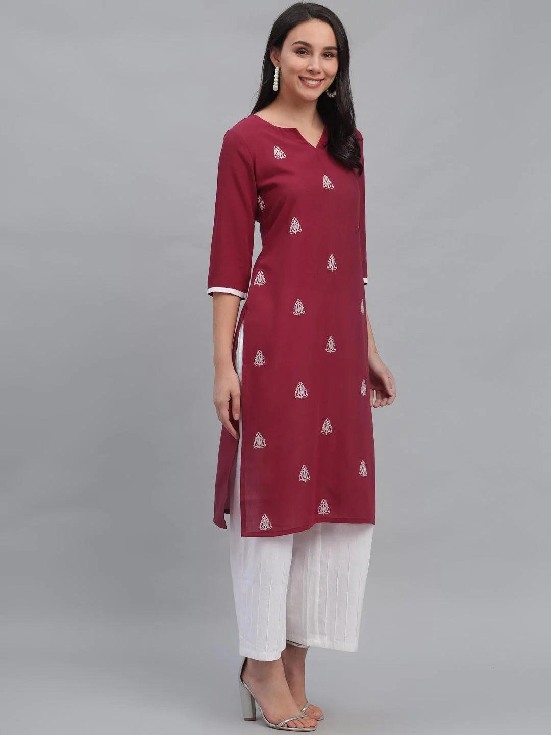 Maroon Embroidered Rayon Kurta - ShopLibas