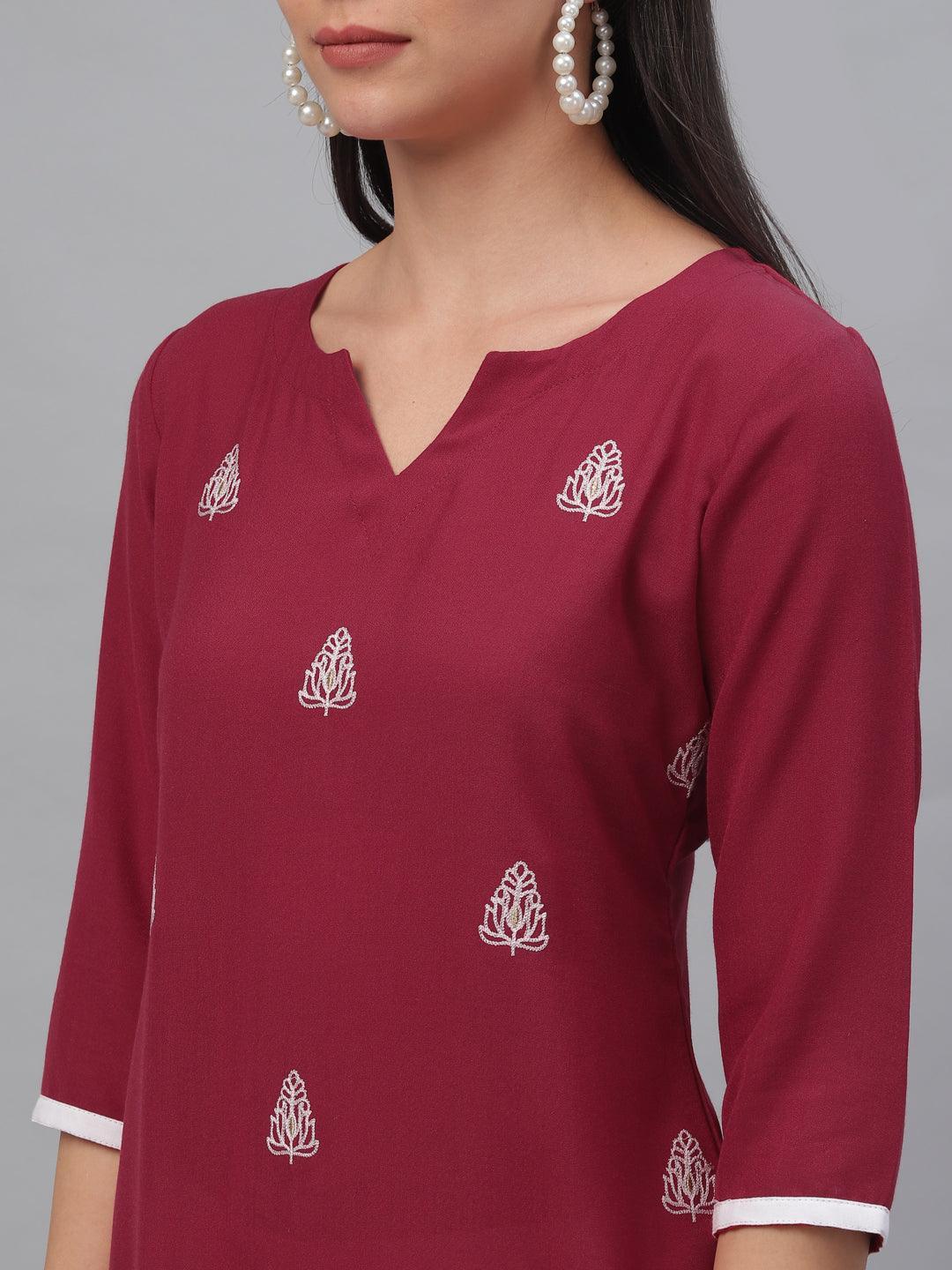 Maroon Embroidered Rayon Kurta - ShopLibas