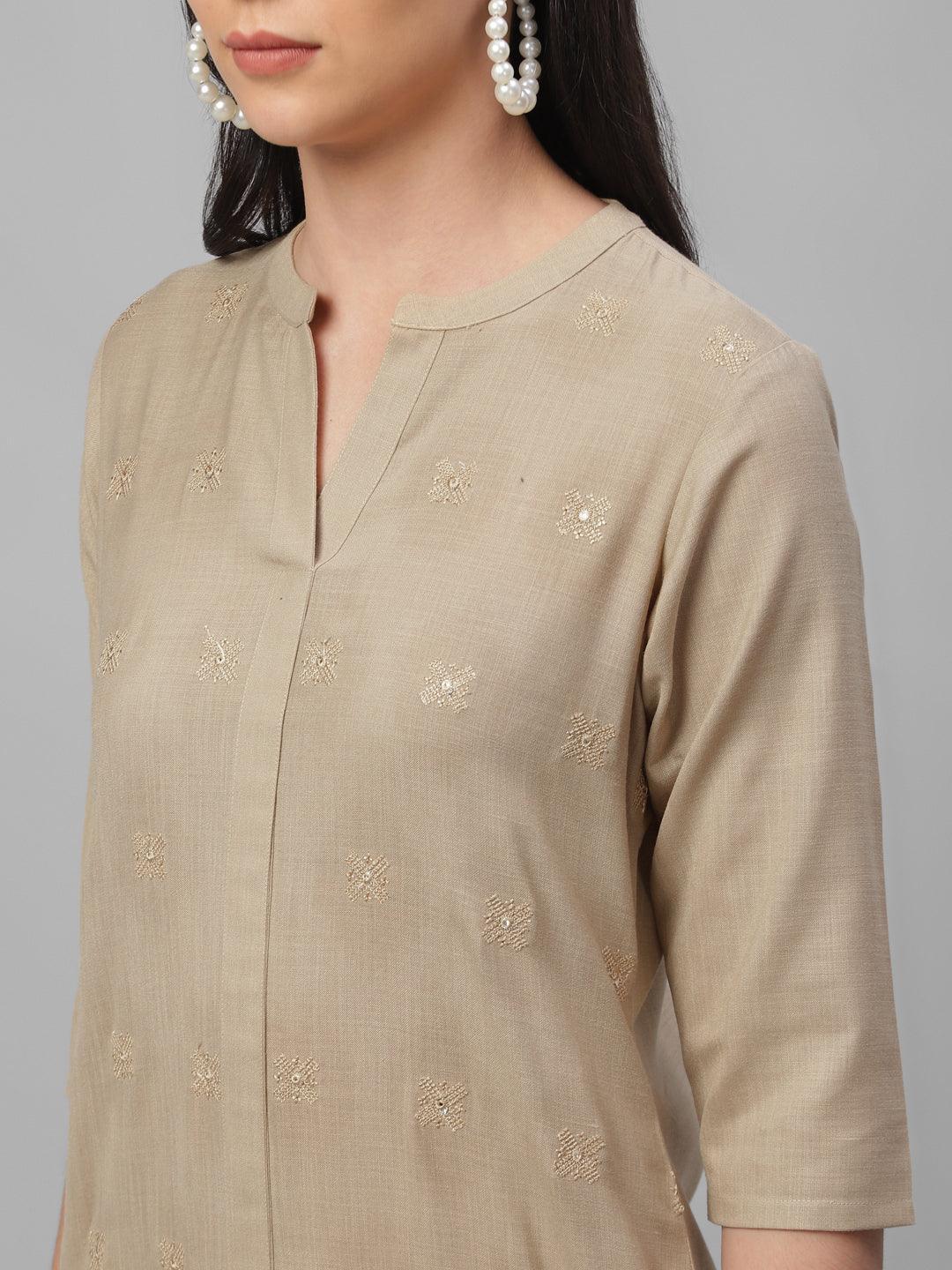 Beige Embroidered Cotton Kurta - ShopLibas