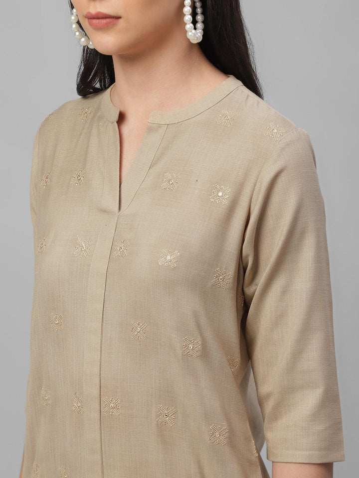Beige Embroidered Cotton Kurta