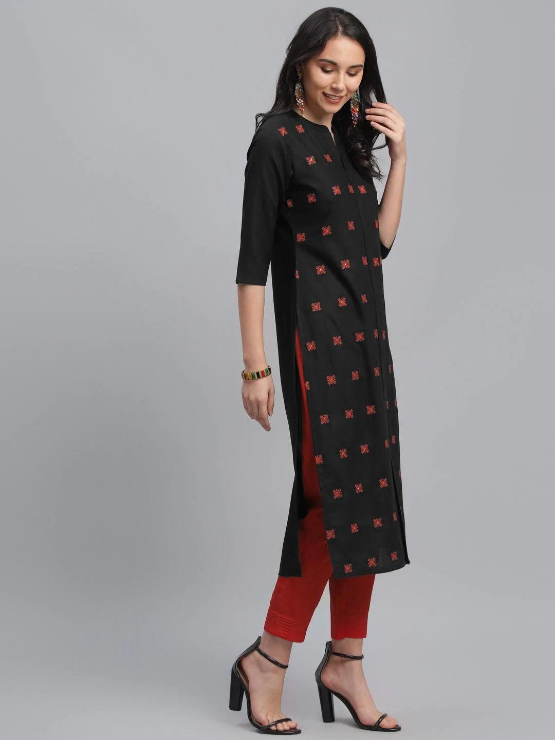 Black Embroidered Cotton Kurta - ShopLibas
