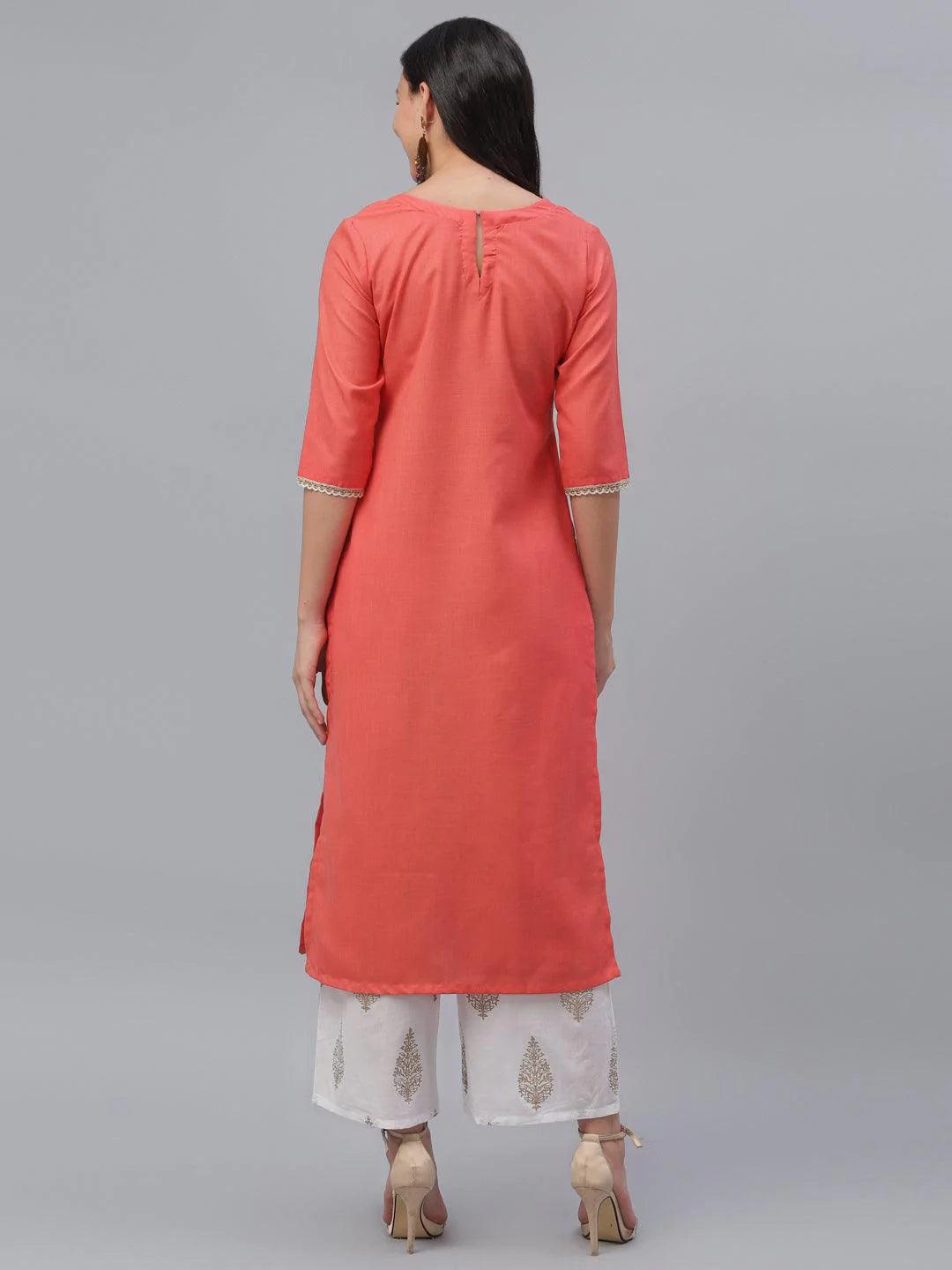 Pink Embroidered Cotton Kurta - ShopLibas
