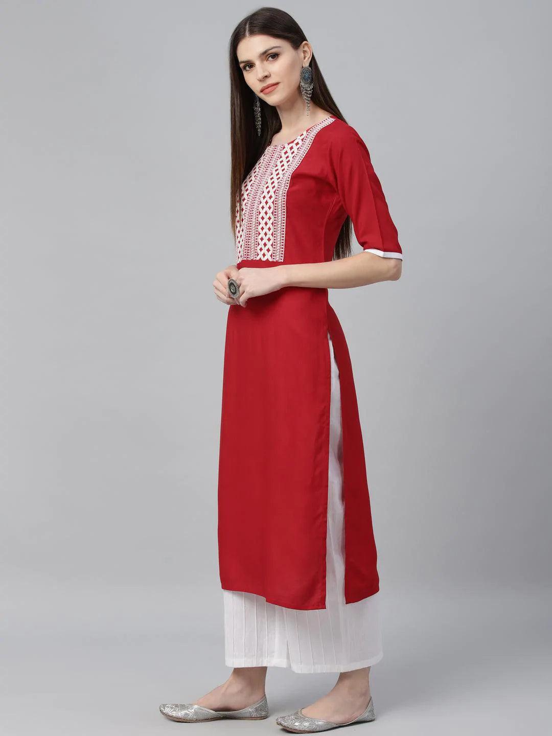 Red Embroidered Rayon Kurta - ShopLibas