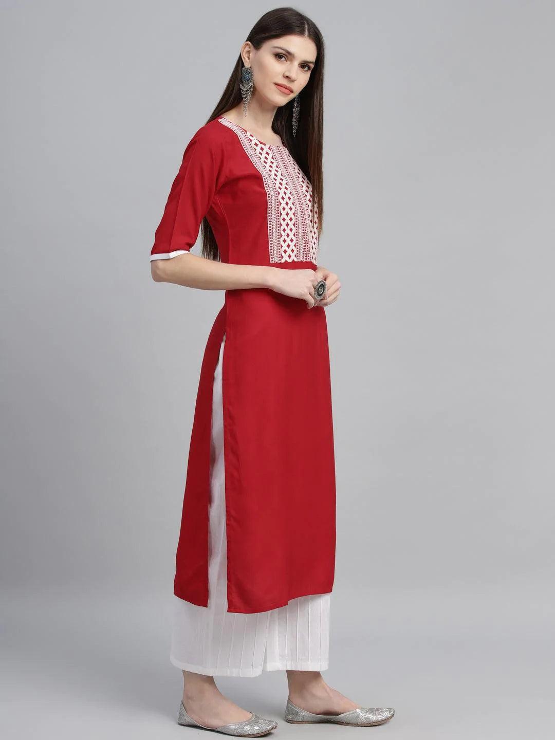 Red Embroidered Rayon Kurta - ShopLibas
