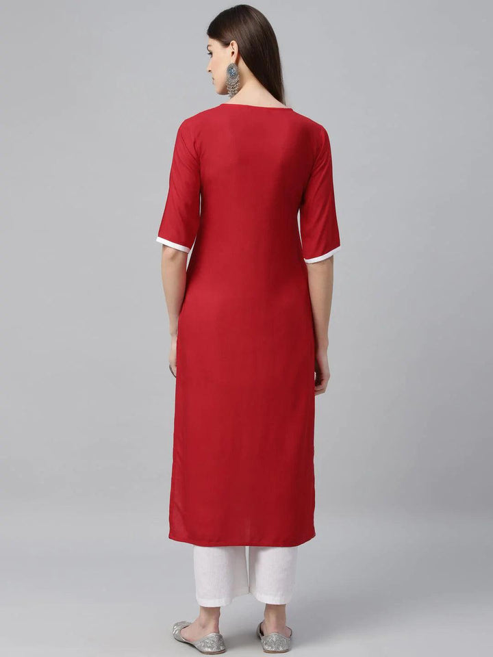 Red Embroidered Rayon Kurta