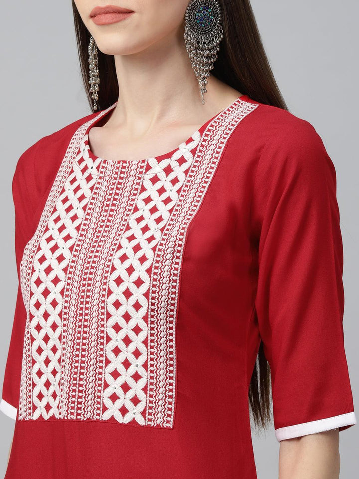 Red Embroidered Rayon Kurta