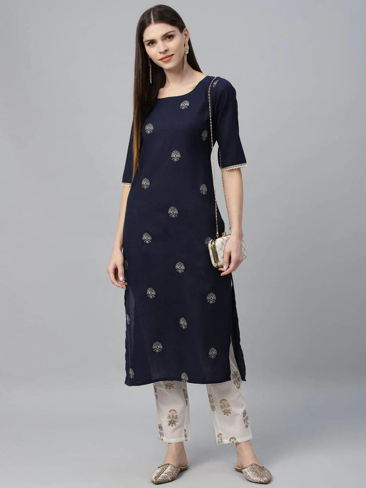 Blue Embroidered Cotton Kurta