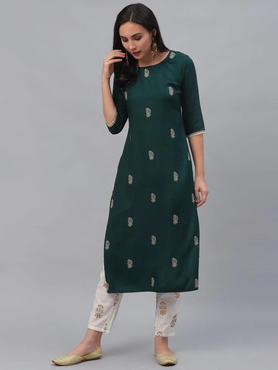 Green Embroidered Rayon Kurta - ShopLibas