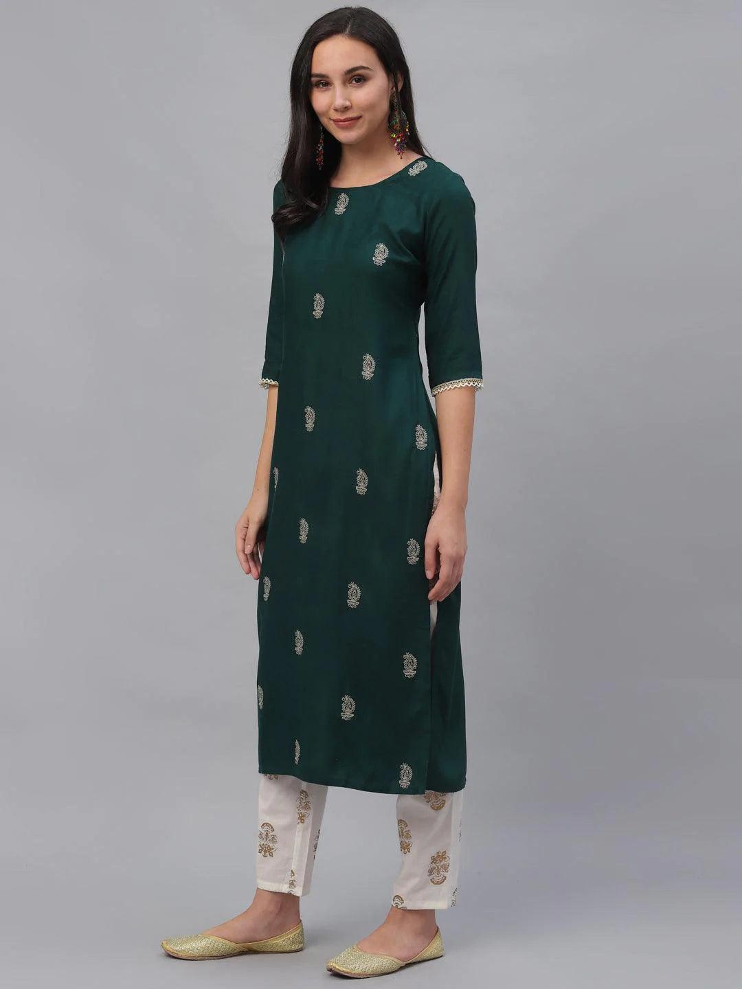 Green Embroidered Rayon Kurta - ShopLibas