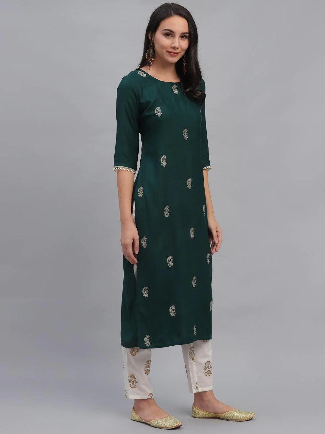 Green Embroidered Rayon Kurta - ShopLibas