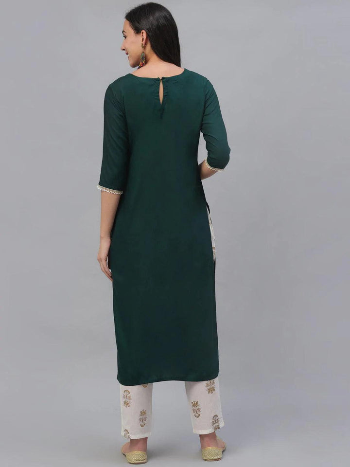 Green Embroidered Rayon Kurta