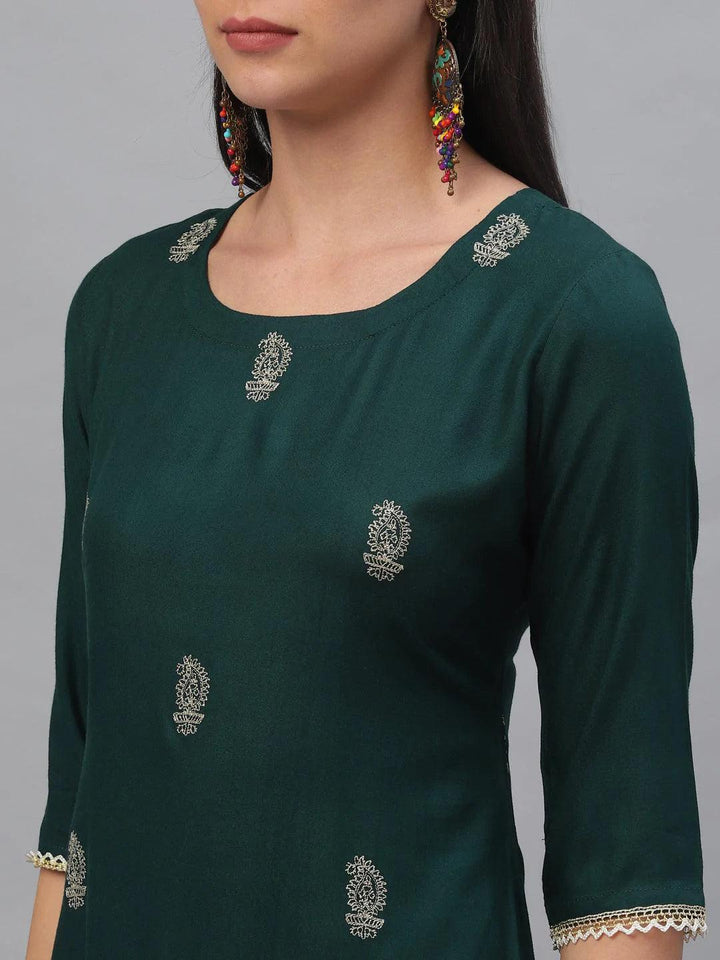 Green Embroidered Rayon Kurta