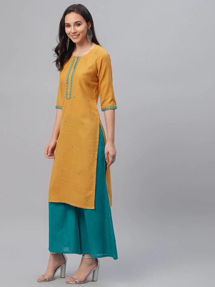 Yellow Embroidered Cotton Kurta