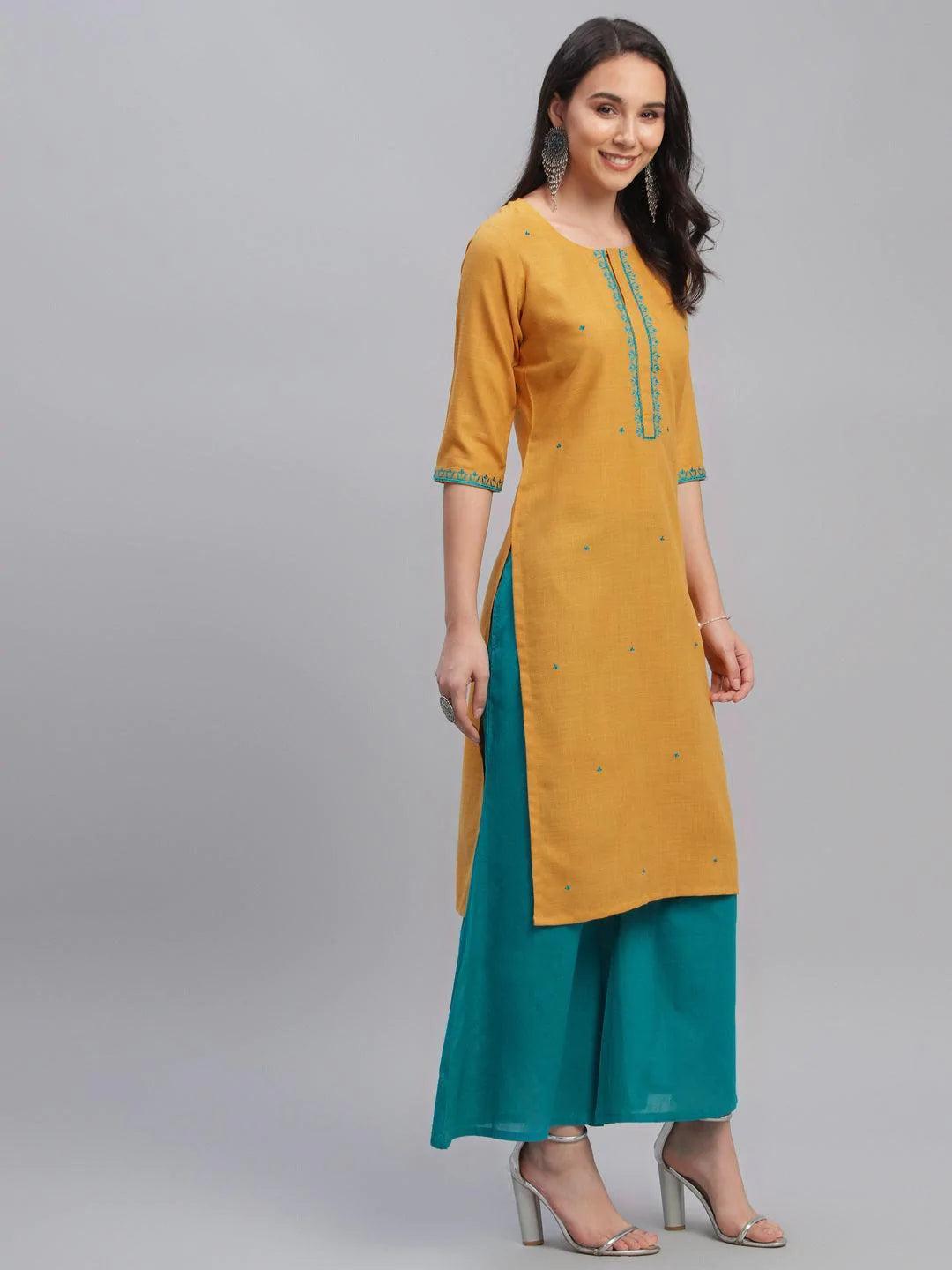 Yellow Embroidered Cotton Kurta - ShopLibas