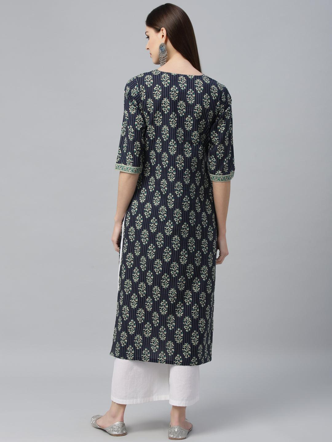 Blue Printed Cotton Kurta - ShopLibas