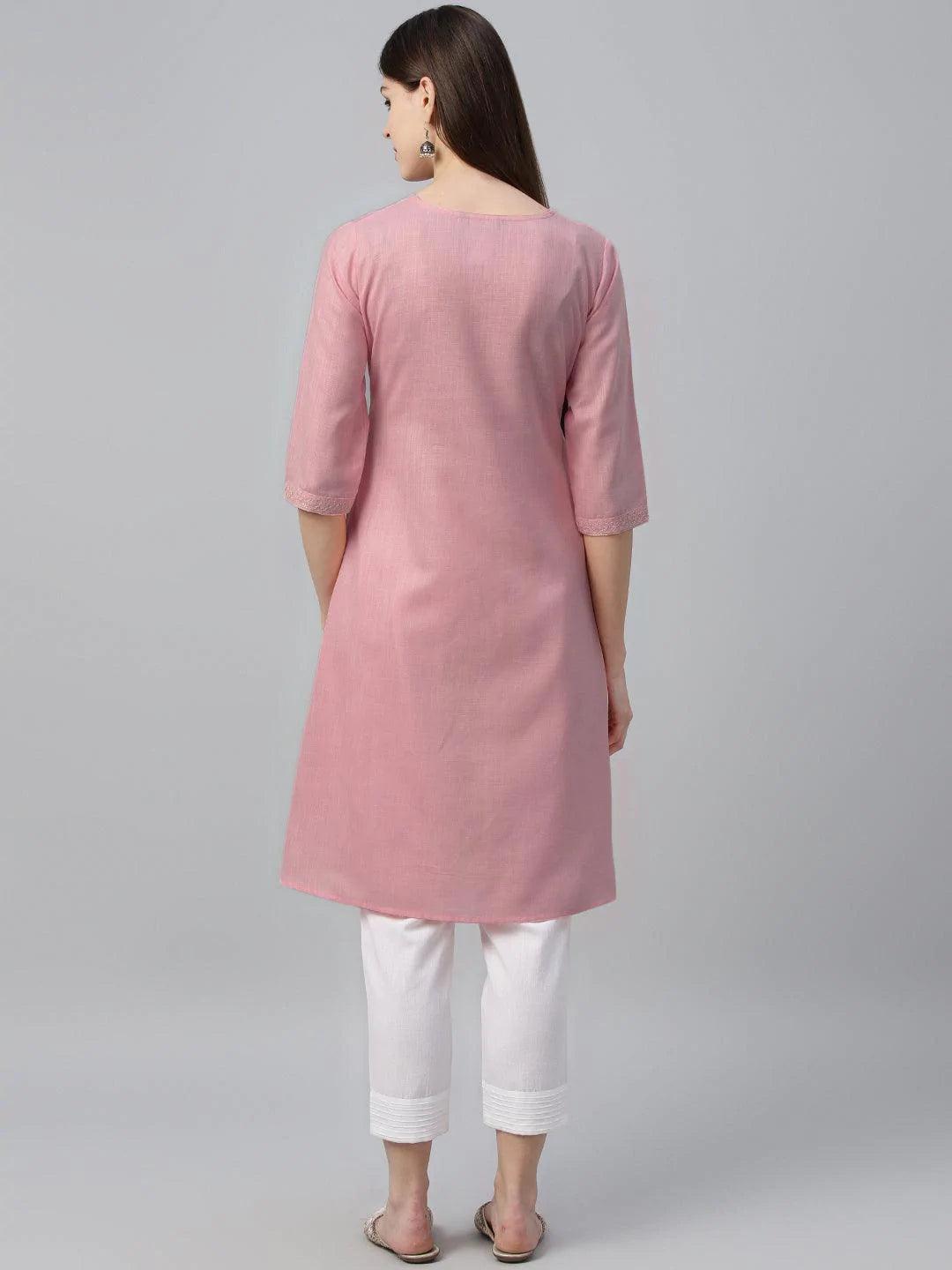 Pink Embroidered Cotton Kurta - ShopLibas