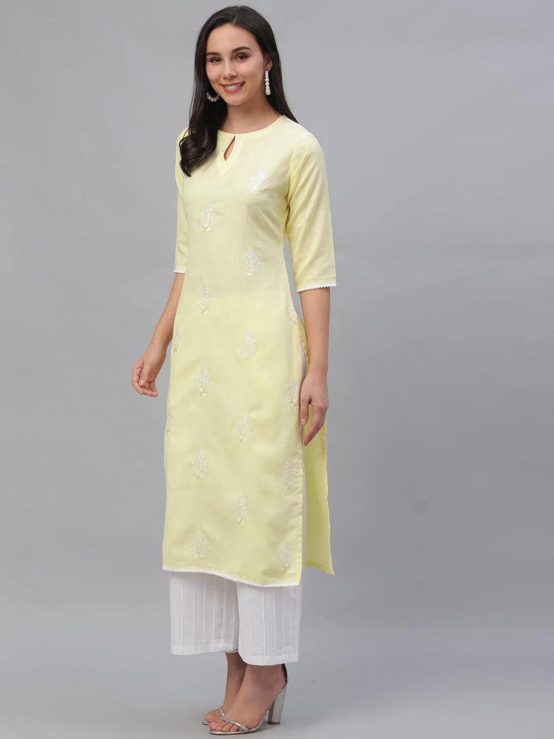 Yellow Embroidered Cotton Kurta - ShopLibas