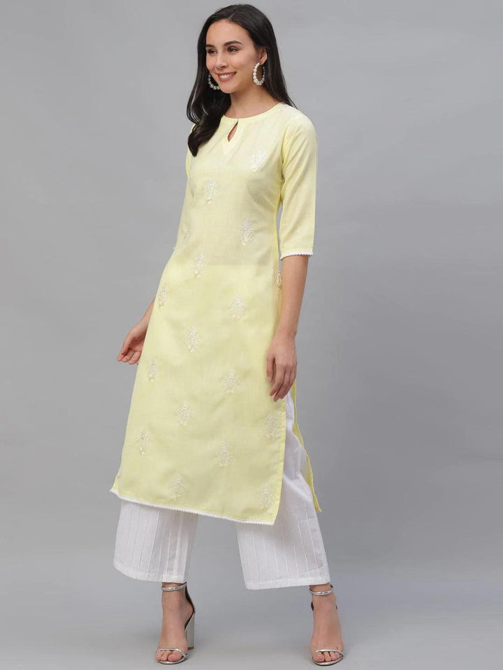 Yellow Embroidered Cotton Kurta