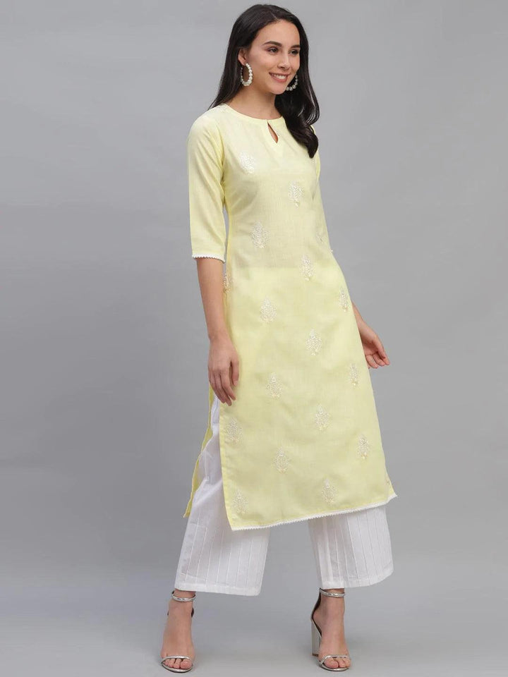 Yellow Embroidered Cotton Kurta