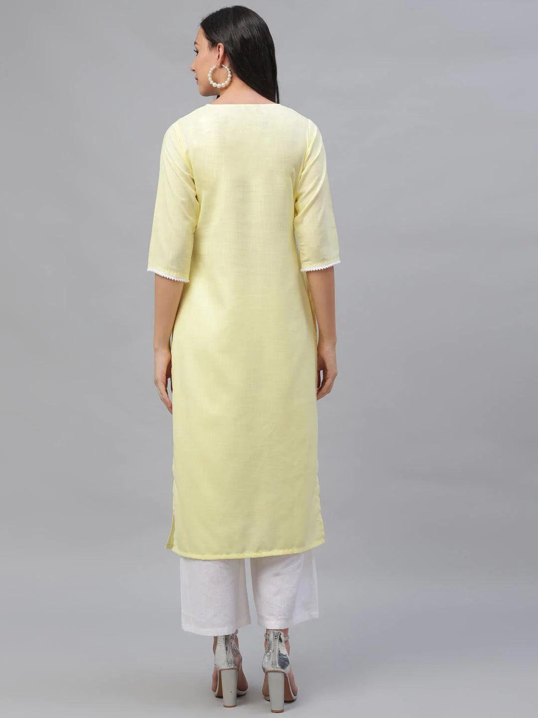 Yellow Embroidered Cotton Kurta - ShopLibas