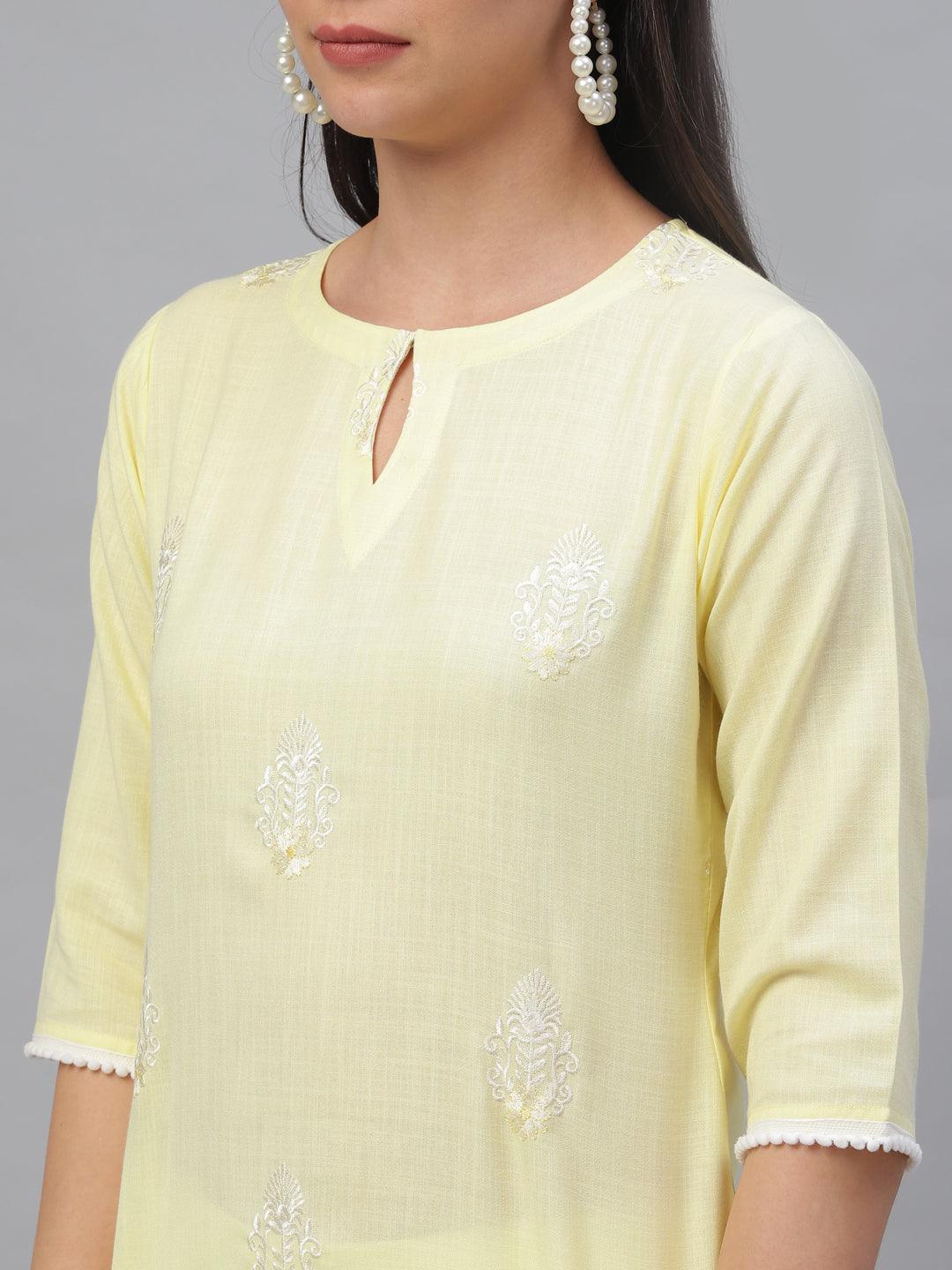 Yellow Embroidered Cotton Kurta - ShopLibas