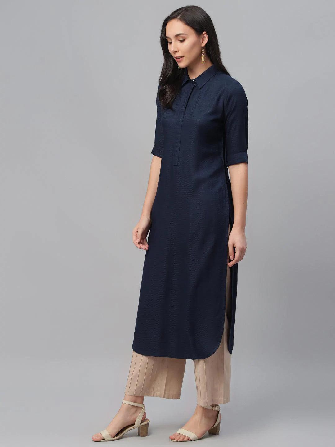 Blue Woven Design Rayon Kurta - ShopLibas