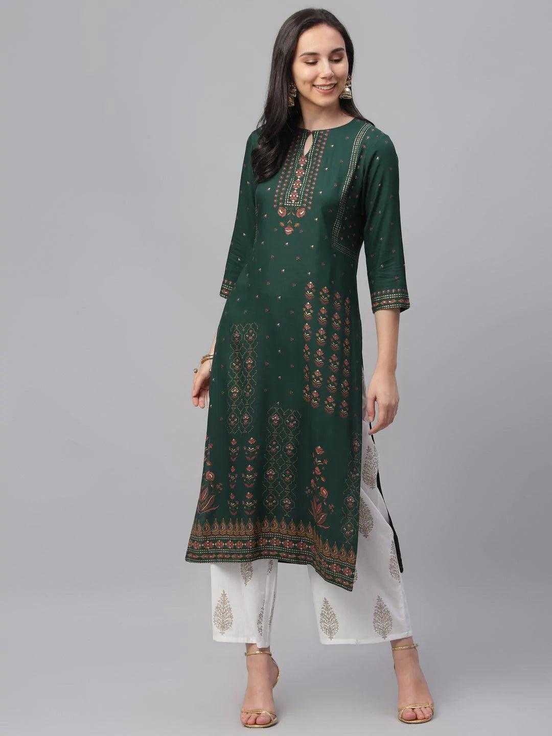 Green Printed Rayon Kurta - ShopLibas