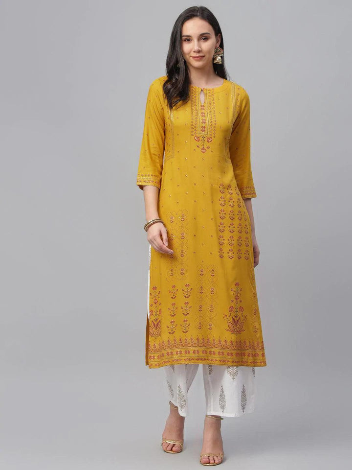 Yellow Printed Rayon Kurta