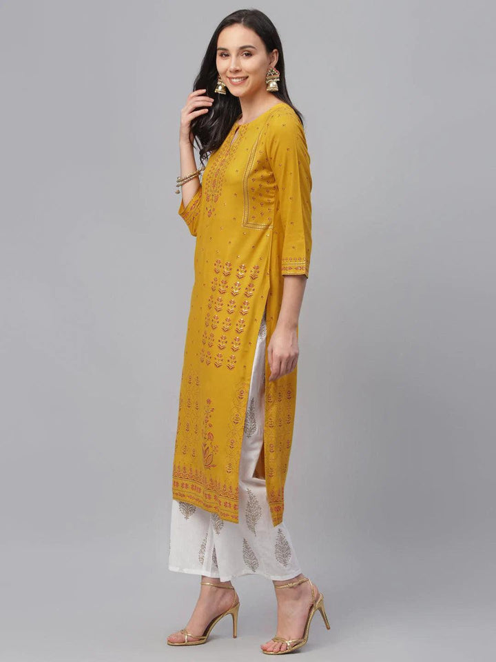 Yellow Printed Rayon Kurta