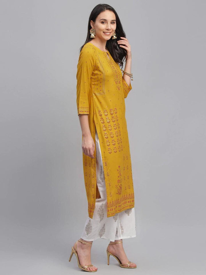 Yellow Printed Rayon Kurta
