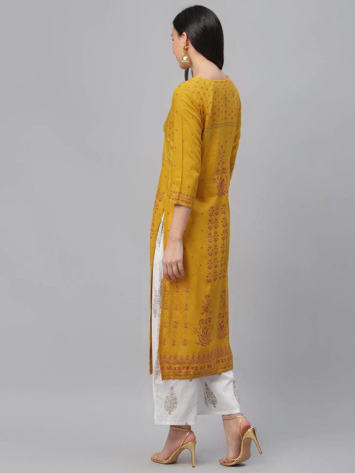 Yellow Printed Rayon Kurta