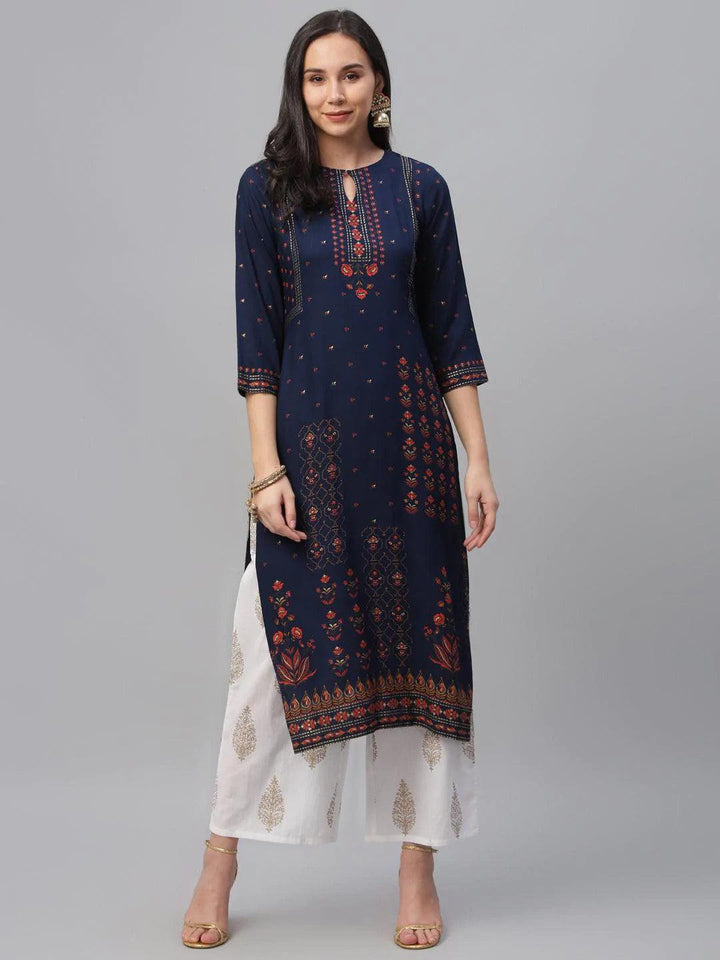 Blue Printed Rayon Kurta