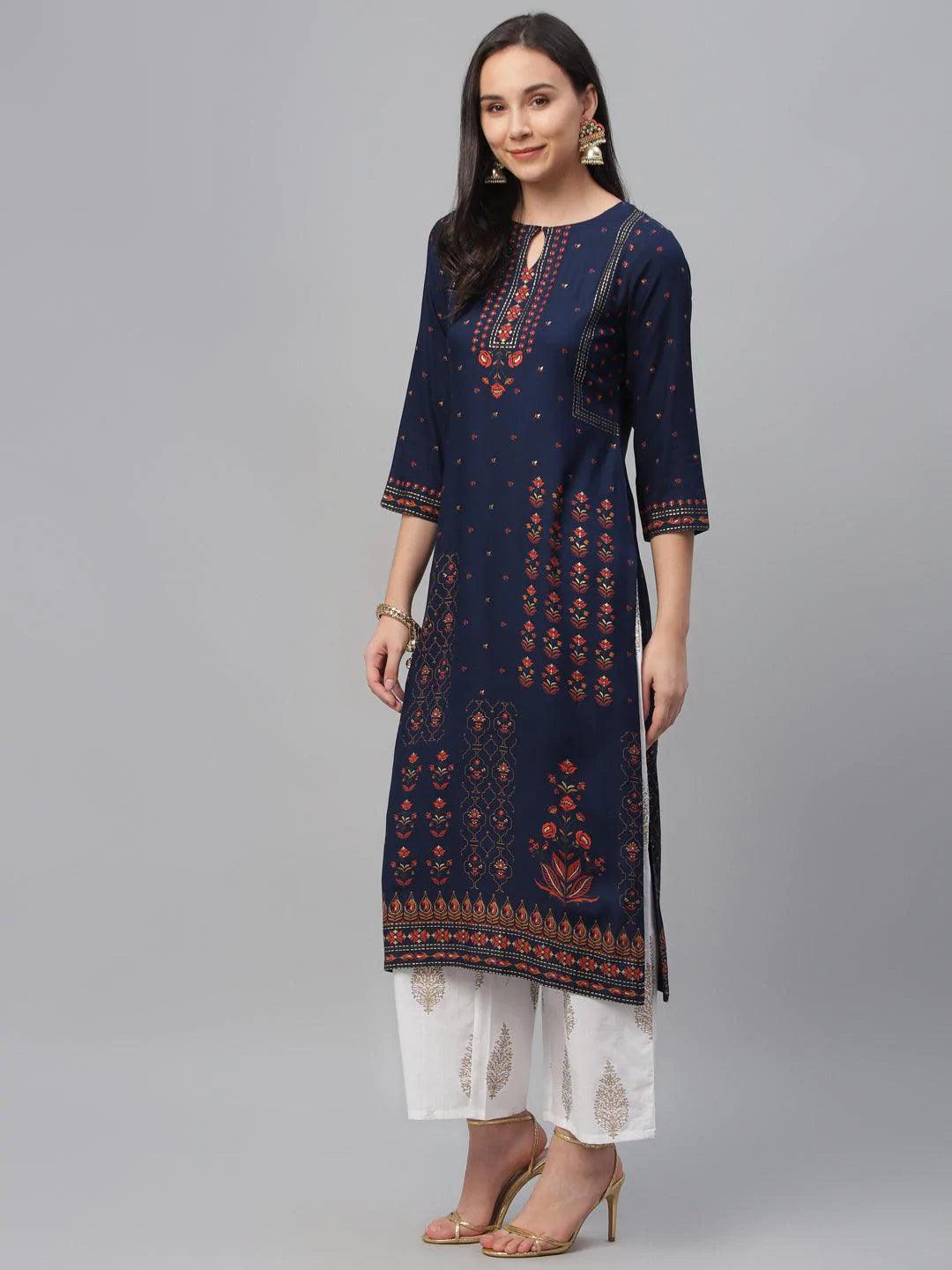 Blue Printed Rayon Kurta - ShopLibas
