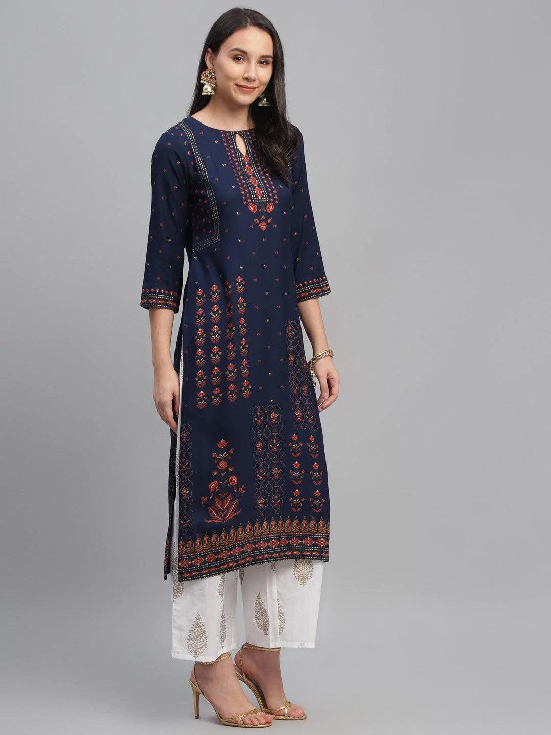 Blue Printed Rayon Kurta - ShopLibas