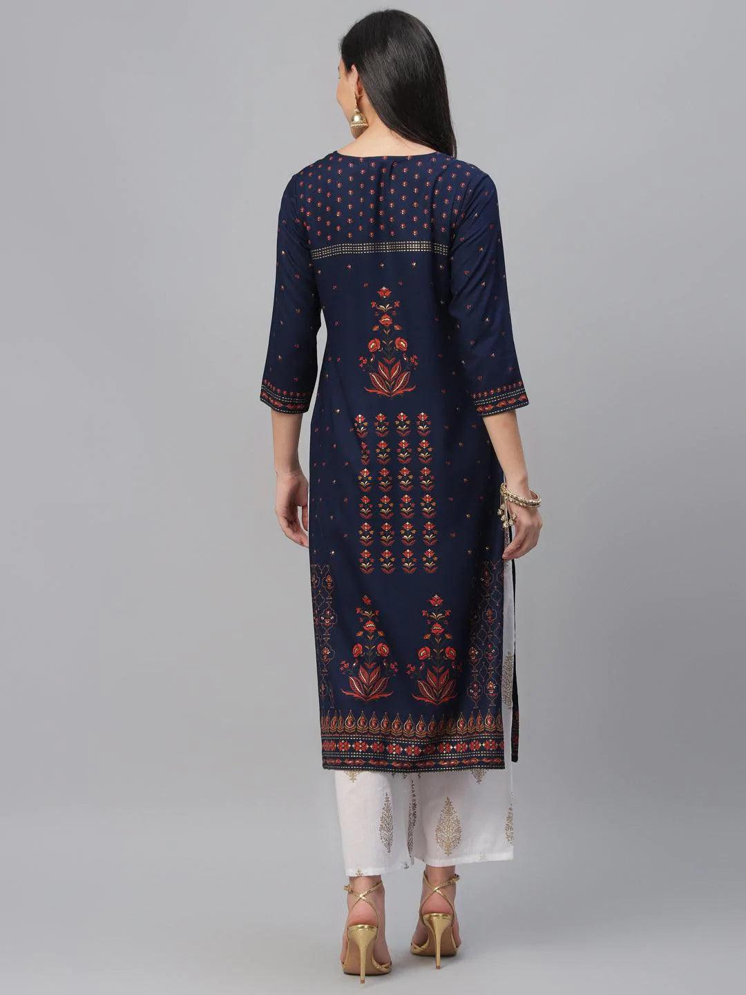 Blue Printed Rayon Kurta - ShopLibas