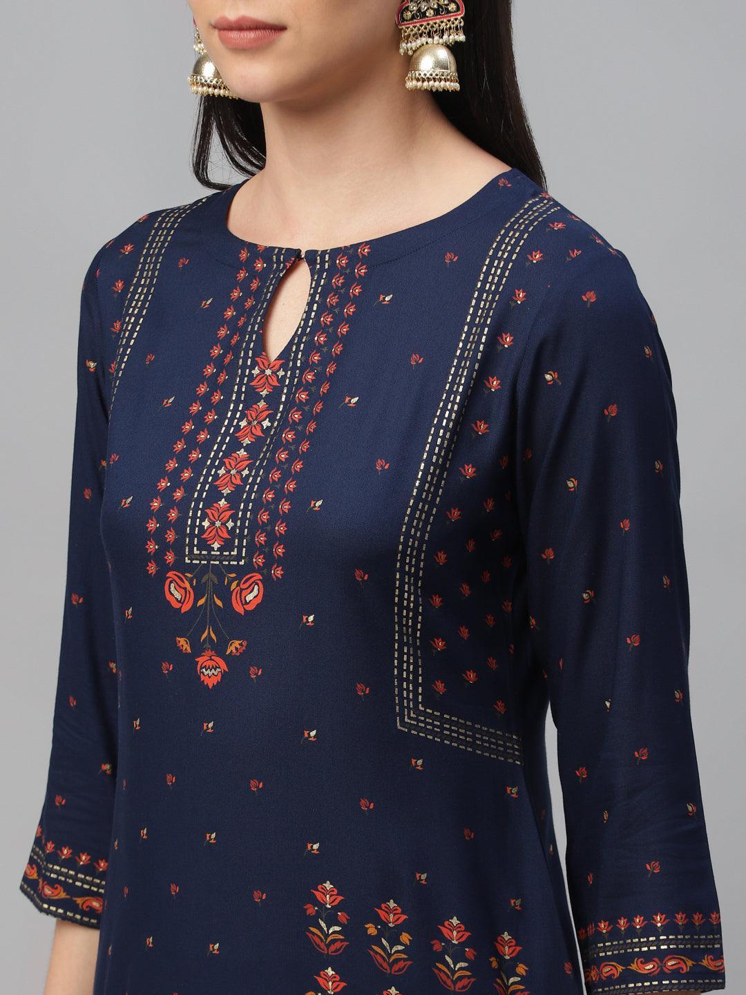 Blue Printed Rayon Kurta - ShopLibas