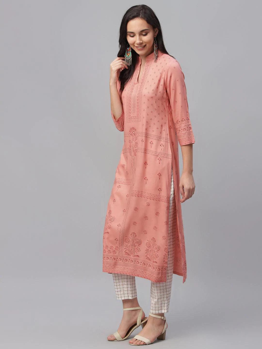 Pink Printed Rayon Kurta - ShopLibas