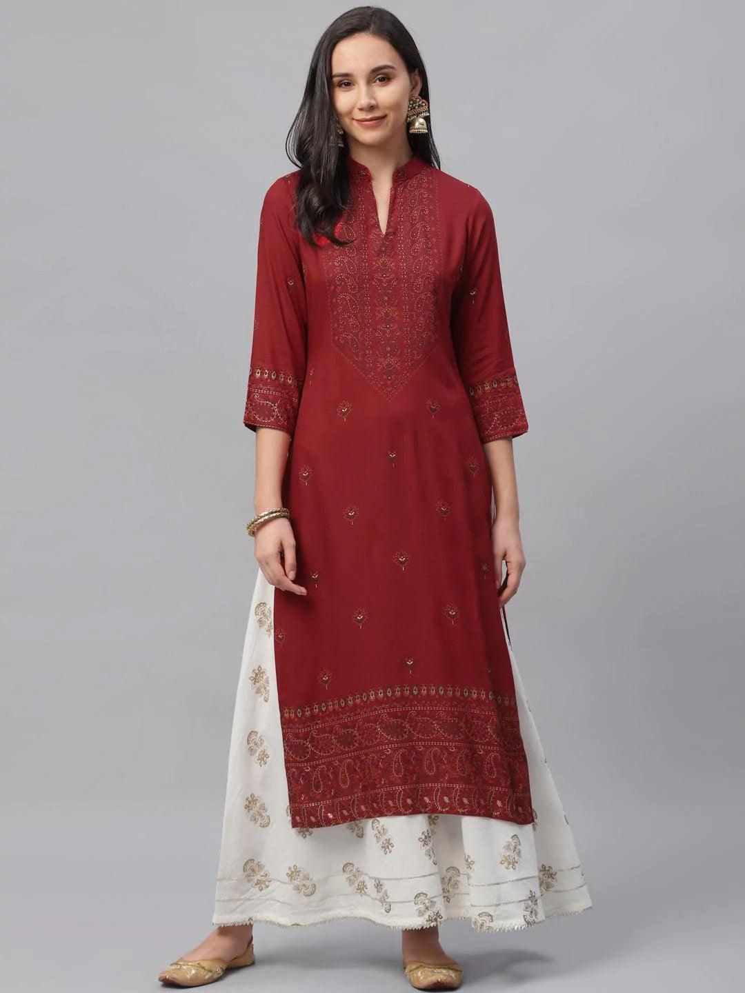 Maroon Printed Rayon Kurta - ShopLibas