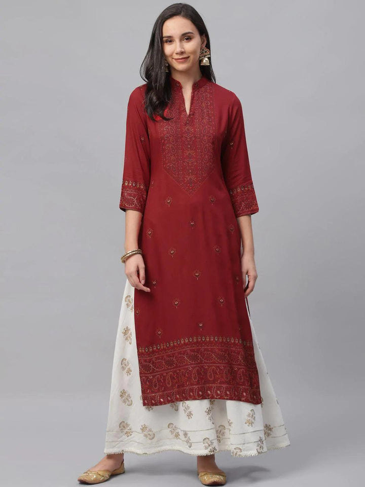 Maroon Printed Rayon Kurta
