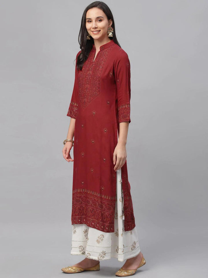 Maroon Printed Rayon Kurta