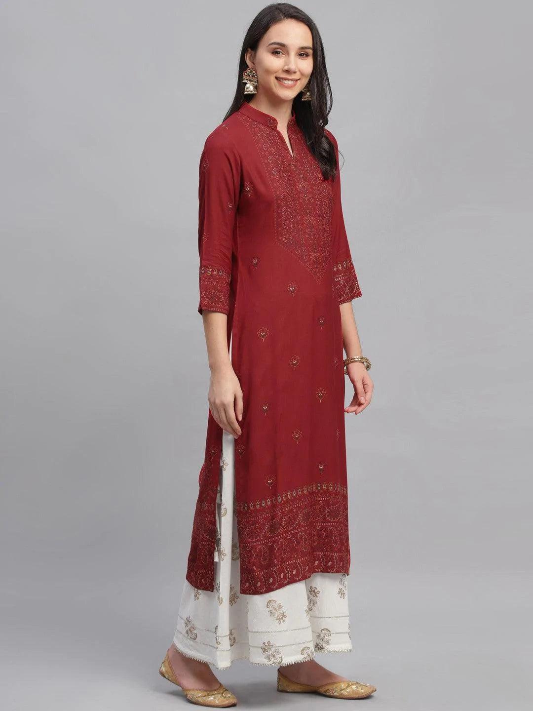 Maroon Printed Rayon Kurta - ShopLibas