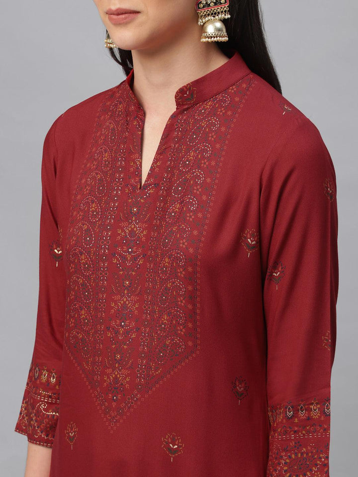 Maroon Printed Rayon Kurta