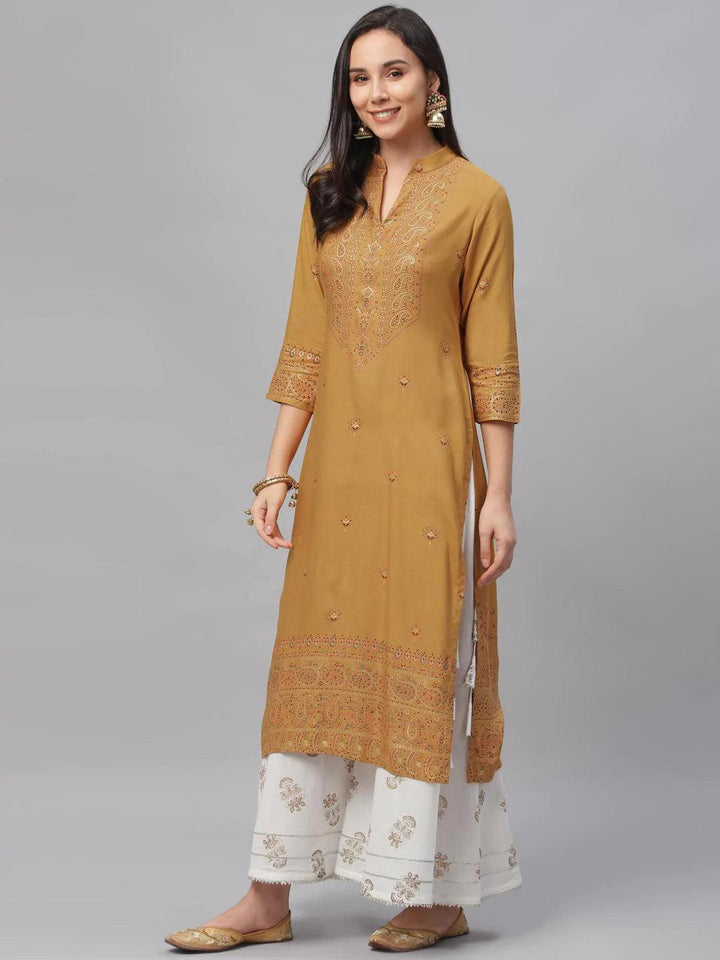 Yellow Printed Rayon Kurta